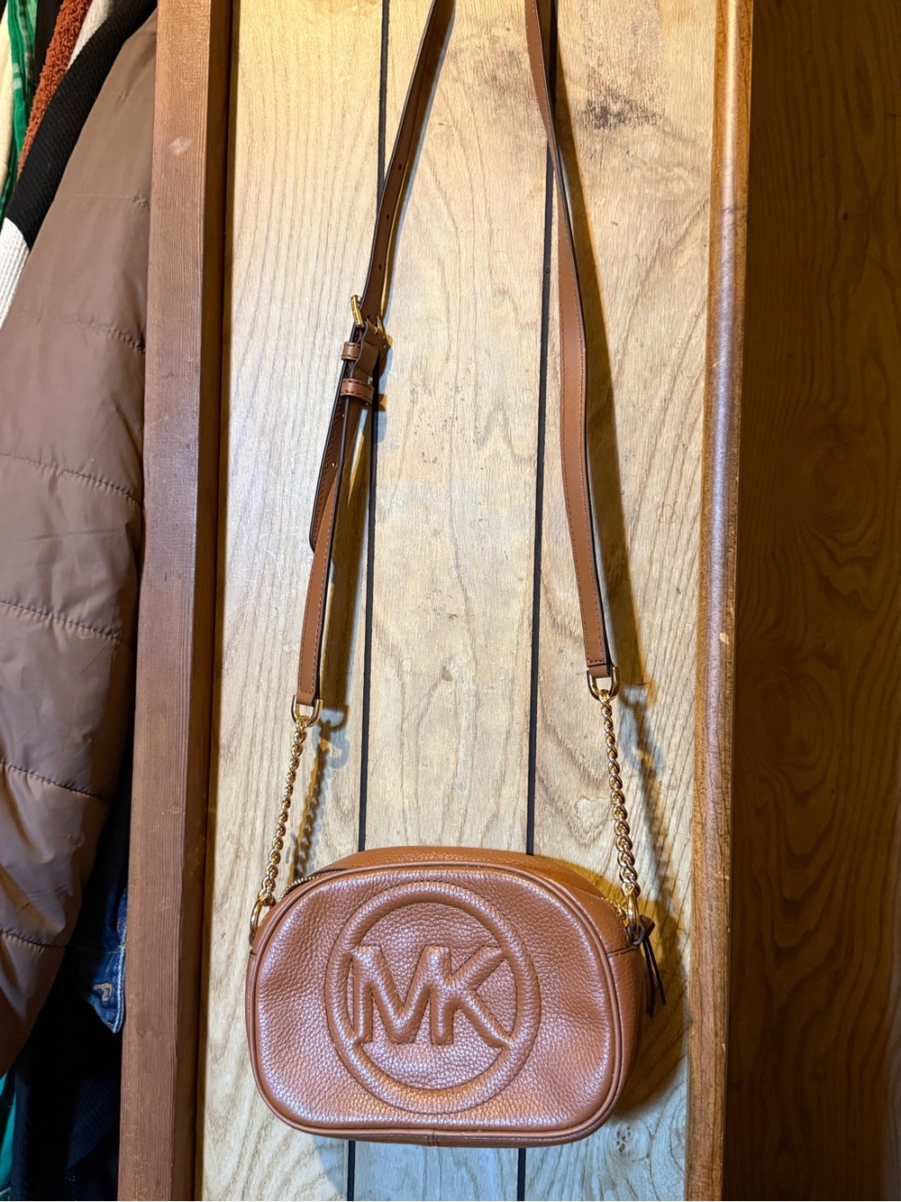 Michael Kors Caramel Brown Pebbled Leather MK Crossbody with Gold Chain